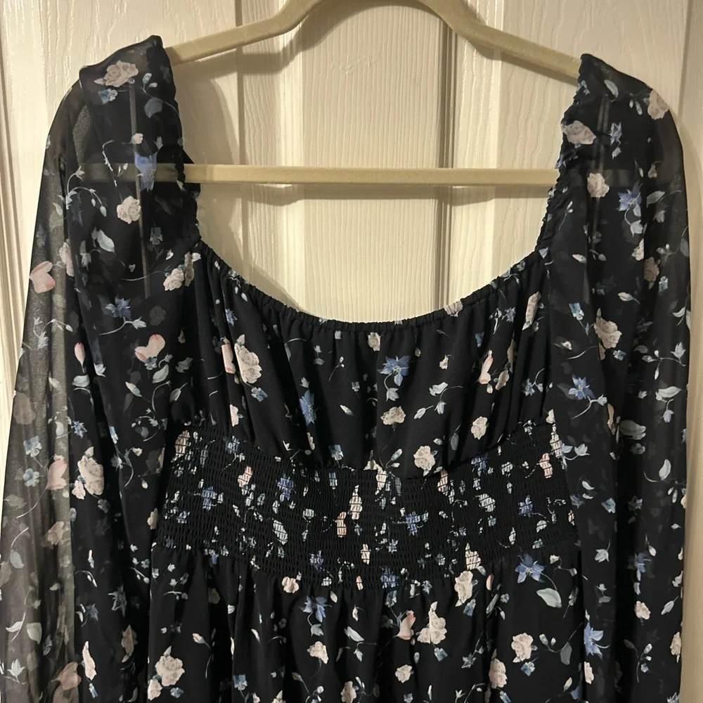 Aritzia Wilfred Genoa Chiffon Navy Blue Floral Midi Dress - Picture 5 of 6